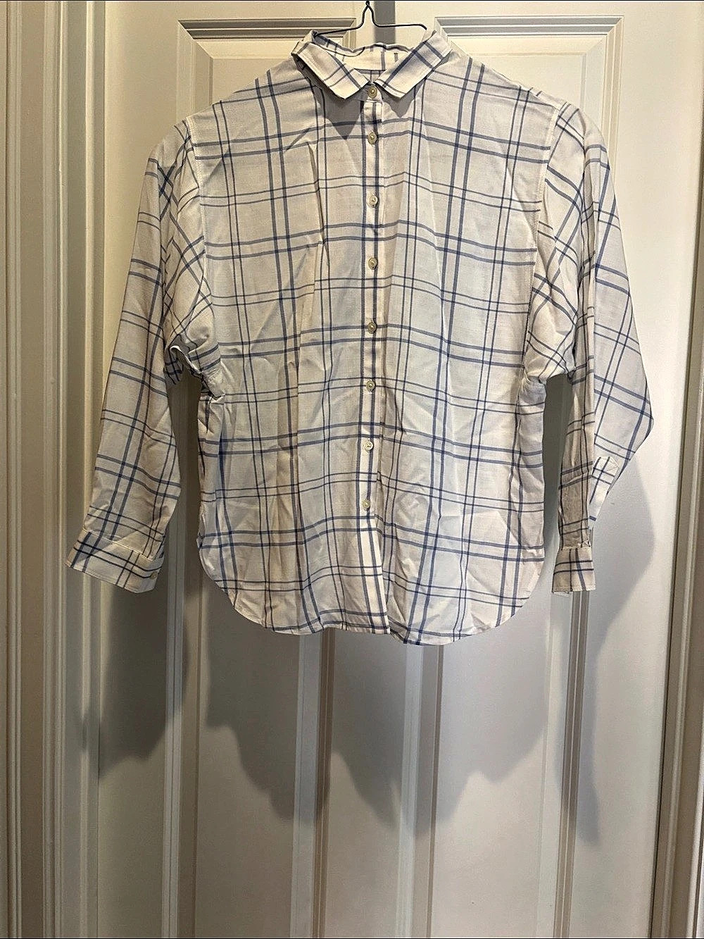 LOFT Plaid Button Down in White & Blue Blouse- 100% Rayon